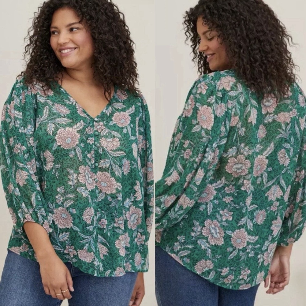 Torrid Chiffon Lurex Floral‎ Print Button-Up Blouse Green Sheer Cottagecore 6X